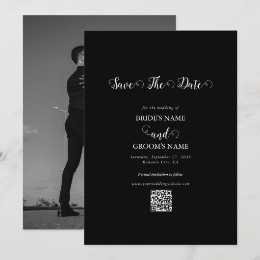 Moderne Zwarte & Witte Script Koppel Foto Bruiloft Save The Date (Voorkant / Achterkant)