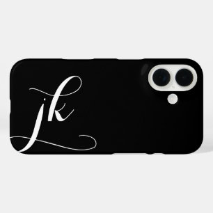 Moderne Zwarte Witte Script Monogram Naam iPhone 16 Hoesje