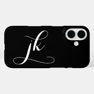 Moderne Zwarte Witte Script Monogram Naam iPhone 16 Hoesje