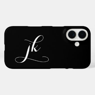 Moderne Zwarte Witte Script Monogram Naam iPhone 16 Hoesje