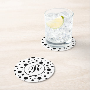 Moderne Zwarte Witte Stippen Monogram Ronde Kartonnen Onderzetter