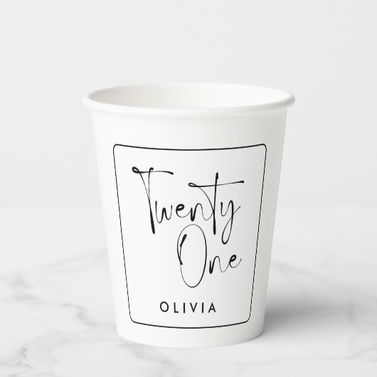 Moderne zwarte witte typografie 21 fotoverjaardag papieren bekers (Achterkant)