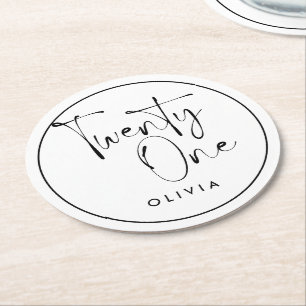 Moderne zwarte witte typografie 21 fotoverjaardag ronde kartonnen onderzetter