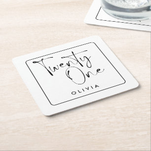 Moderne zwarte witte typografie 21 fotoverjaardag vierkante kartonnen onderzetter