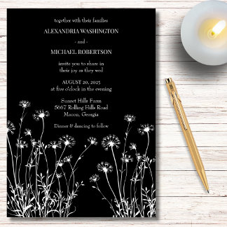 Moderne Zwarte & Witte Wilde Bloemen Bruiloft Kaart