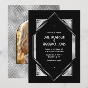 Moderne Zwarte & Zilveren Gatsby Art Deco Trouwkaa Kaart