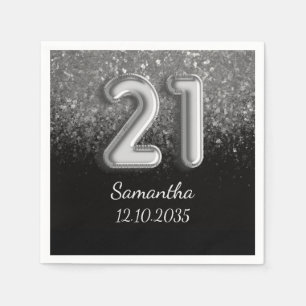 Moderne zwarte & zilveren glitters glitter 21 verj servet