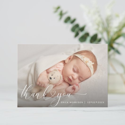 moderner hartscript dank je geboorteaankondiging kaart (Staand voorkant)