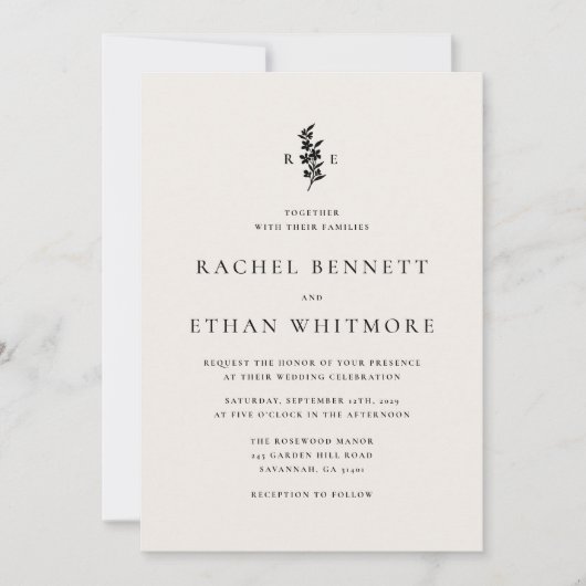 modernI vory Botanical Monogram Wedding Invitation (Devant)