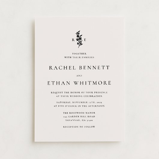 modernI vory Botanical Monogram Wedding Invitation