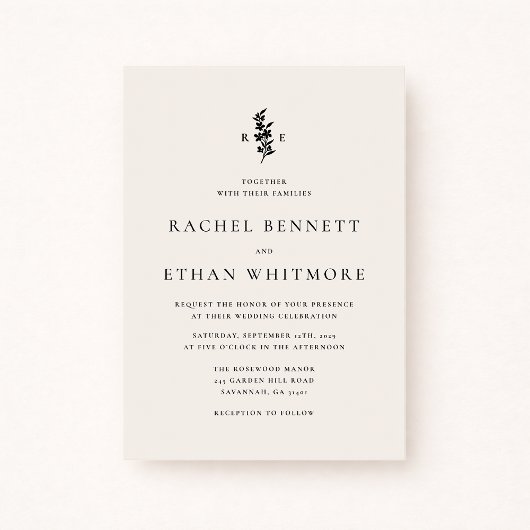 modernI vory Botanical Monogram Wedding Invitation