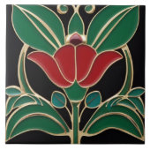 Modernist Art Nouveau Bold Zwart Groen Rood Bloem Tegeltje (Voorkant)