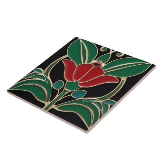 Modernist Art Nouveau Bold Zwart Groen Rood Bloem Tegeltje (Zijkant)