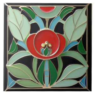 Modernist Art Nouveau Faux Relief Groene Rode Bloe Tegeltje