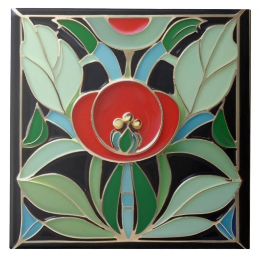 Modernist Art Nouveau Faux Relief Groene Rode Bloe Tegeltje (Voorkant)