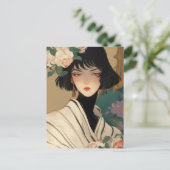 Modieuze dame met bloemen in haar haar briefkaart (Staand voorkant)