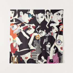 Modieuze meisjes collage: pop kunst wandkleed