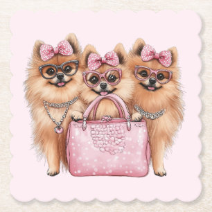 Modieuze Pommerse honden roze portemonnee Kartonnen Onderzetters