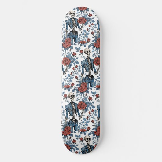 Modieuze Skeletten in Jean jas met Rozen Skateboard (Voorkant)