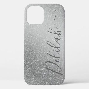 Modieuze Zilveren Glitter Grijze Kalligrafie Naam iPhone 12 Hoesje