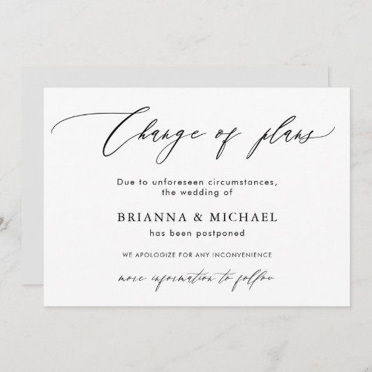 Modification des plans| Faire-part Mariage reporté (Devant / Derrière)