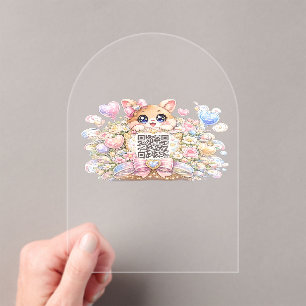 Moe Kawaii Aangepaste QR-code Kat Pastel Roze Bloe Acryl Uitnodigingen