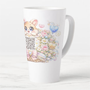 Moe Kawaii Aangepaste QR Code Kat Pastel Roze Bloe Latte Mok