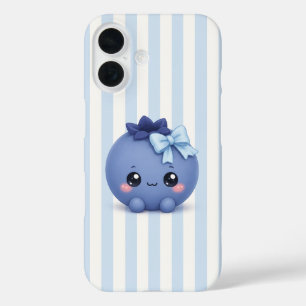 Moe kawaii bosbes op blauwe strepen telefoonhoesje iPhone 16 hoesje