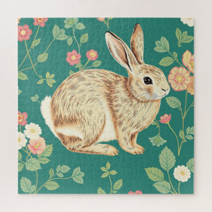 Moe Konijn Bloemmotief Teal Kleur Legpuzzel