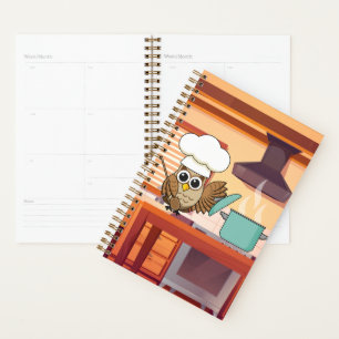 Moe uitziende uil-chef die in de keuken kookt planner