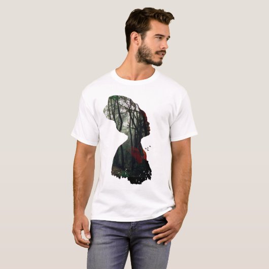 Moeder Aarde Vrouw en Bos Dubbele Blootstelling T-shirt (Voorkant volledig)