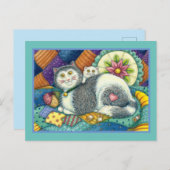 MOEDER CAT EN KITTEN, PATCHWORK QUILTS, PINCUSHION BRIEFKAART (Voorkant / Achterkant)