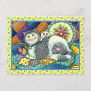 MOEDER CAT EN KITTEN, PATCHWORK QUILTS, PINCUSHION BRIEFKAART