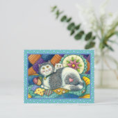 MOEDER CAT EN KITTEN, PATCHWORK QUILTS, PINCUSHION BRIEFKAART (Staand voorkant)