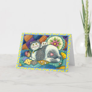 MOEDER CAT EN KITTEN, PATCHWORK QUILTS, PINCUSHION FEESTDAGEN KAART