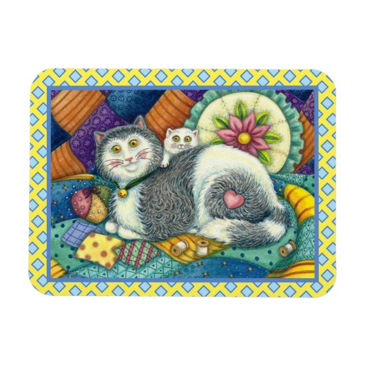 MOEDER CAT EN KITTEN, PATCHWORK QUILTS, PINCUSHION MAGNEET (Horizontaal)