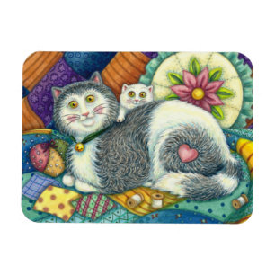 MOEDER CAT EN KITTEN, PATCHWORK QUILTS, PINCUSHION MAGNEET