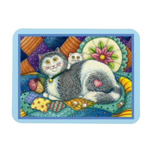 MOEDER CAT EN KITTEN, PATCHWORK QUILTS, PINCUSHION MAGNEET (Horizontaal)