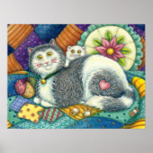 MOEDER CAT EN KITTEN, PATCHWORK QUILTS, PINCUSHION POSTER (Voorkant)
