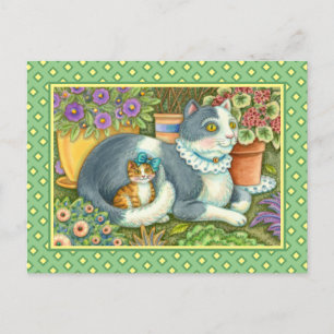 MOEDER CAT EN KITTEN, POTTE STROMEN, BOWS EN LACE BRIEFKAART