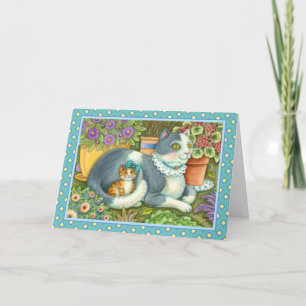 MOEDER CAT EN KITTEN, POTTE STROMEN, BOWS EN LACE FEESTDAGEN KAART