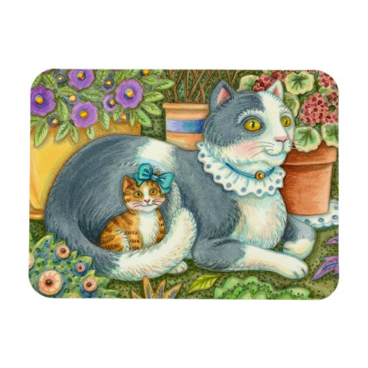 MOEDER CAT EN KITTEN, POTTE STROMEN, BOWS EN LACE MAGNEET (Horizontaal)