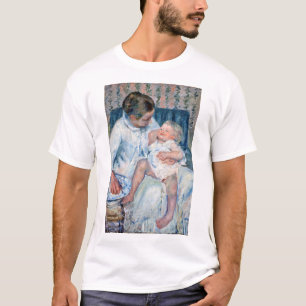 Moeder die haar slaperig kind, Cassatt, wil wassen T-shirt