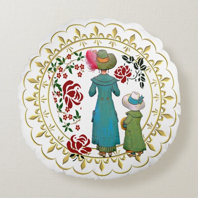 Moeder Dochter Duo Red Roses Floral Greenery Rond Kussen (Voorkant)