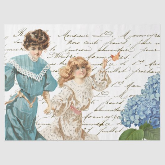 Moeder Dochter Frans Script Blue Flower  Tissuepapier (Voorkant)