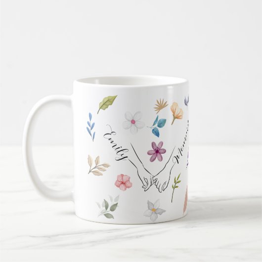 Moeder dochter moderne bloemen houden hand koffiemok (Links)