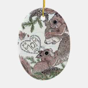 Moeder eekhoorn en kits keramisch ornament