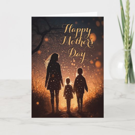 Moeder en 2 kinderen op zonsondergang, Moederdag K Kaart (Voorkant)
