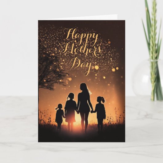 Moeder en 3 kinderen op zonsondergang, Moederdag Kaart (Voorkant)