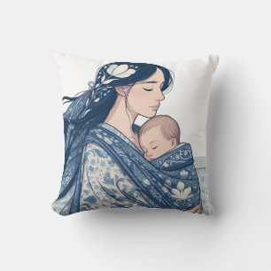 Moeder en Baby – Blauwe Bloemige Omarming Kunst Kussen